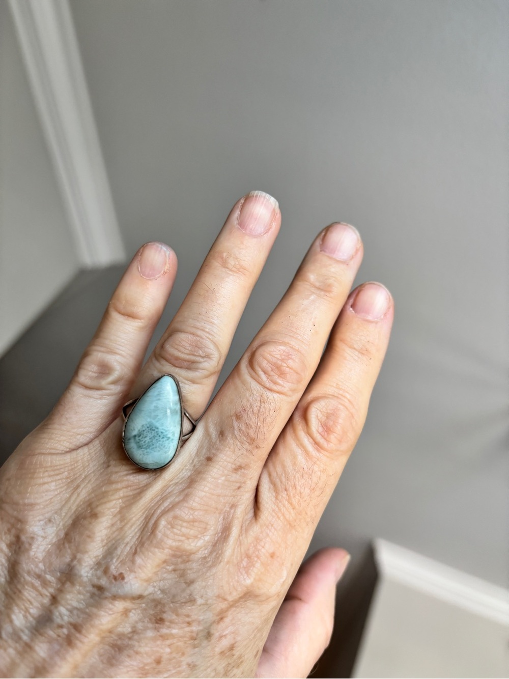 Silver Teardrop Larimar Ring - Blue Gemstone